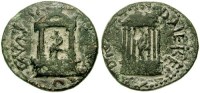 Coin of Nero showing the shrines built to the 'divas' Claudia (daughter) and Poppaea (wife) [via Wildwinds)  http://www.wildwinds.com/coins/sear5/s2058.html